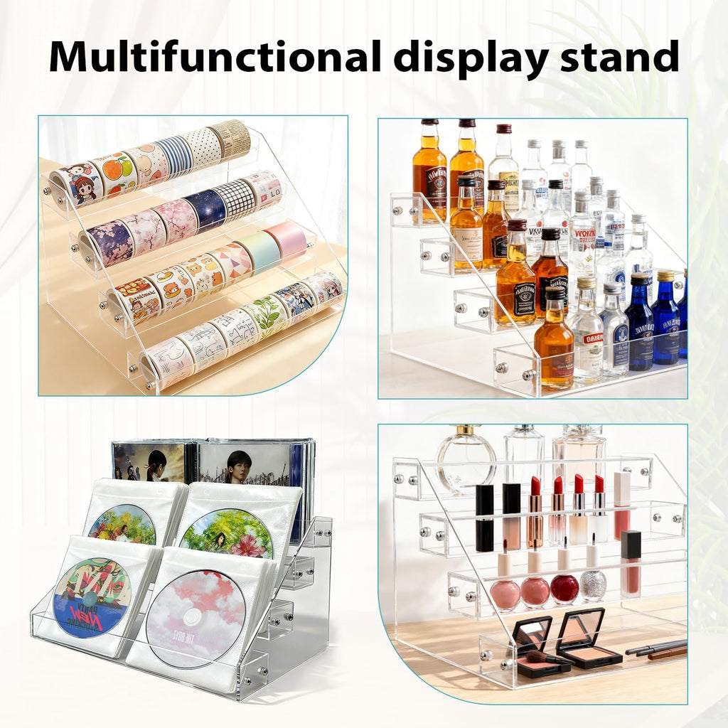 4-tier clear acrylic cascading CD holder, DVD/CD display stand, storage box, and vinyl record shelf. Holds up to 32 standard CD cases and includes 20 CD/DVD sleeves for organized media storage.