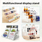 4-tier clear acrylic cascading CD holder, DVD/CD display stand, storage box, and vinyl record shelf. Holds up to 32 standard CD cases and includes 20 CD/DVD sleeves for organized media storage.