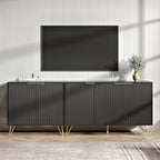 Fluted TV Stand for 80 Inch TV, Modern TV Stand Console, Black Entertainment Center with Storage Cabinets, Adjustable Shelves & Gold Handles, Wood Media Cabinet for Living Room