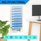Hanging Wall File Organizer 10 Tier Wall Mounted File Holder Document Wall Organizer Magazine Organization for Office Home, White