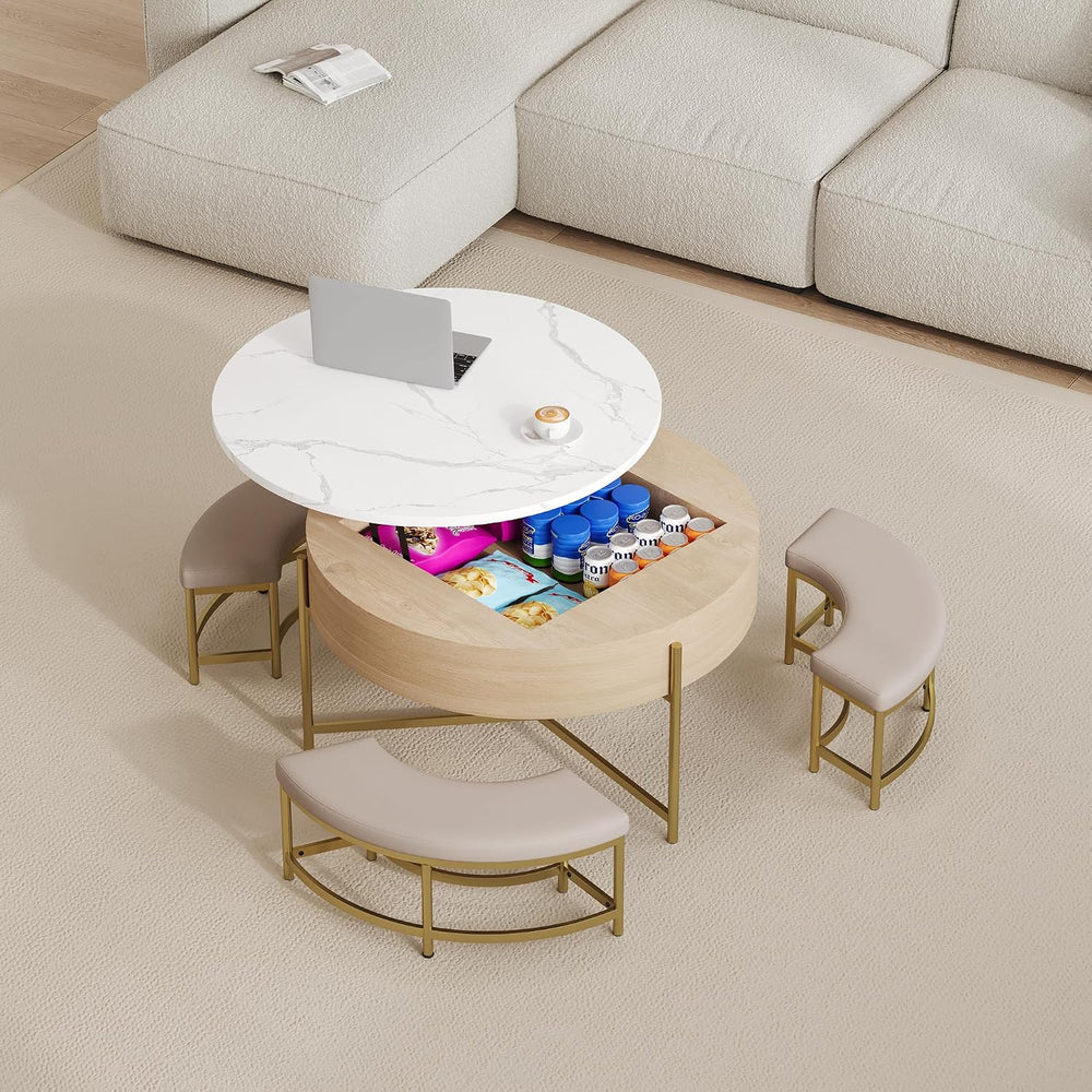 31.5" Modern Round Lift-Top Coffee Table with Storage & 3 Ottoman,Wh...