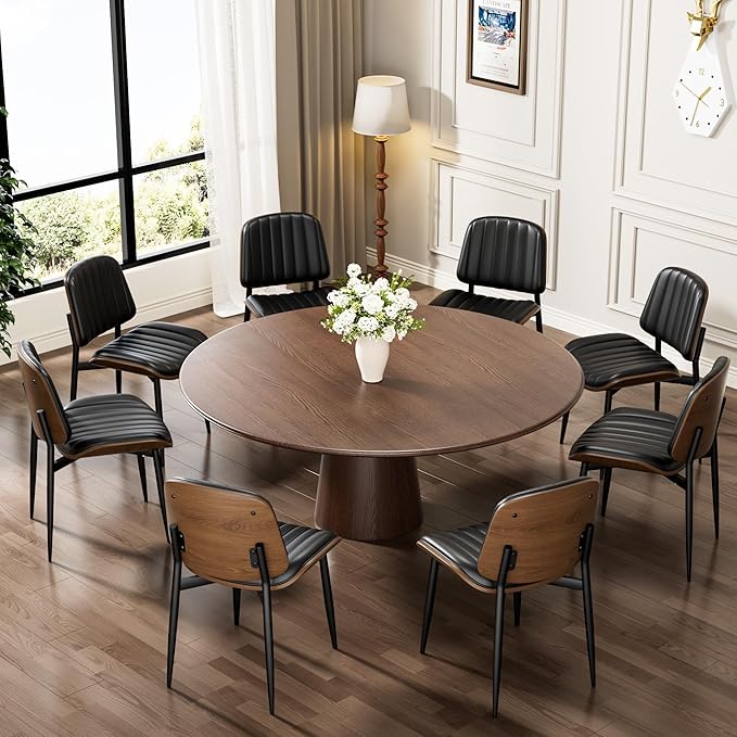 Dining Chairs Set of 4, Mid-Century Modern Upholstered PU Leather Chairs with Walnut Bentwood Back and Metal Legs Adjustable Feet for Kitchen Dining Living Room, Dark Black Vertical Stripes