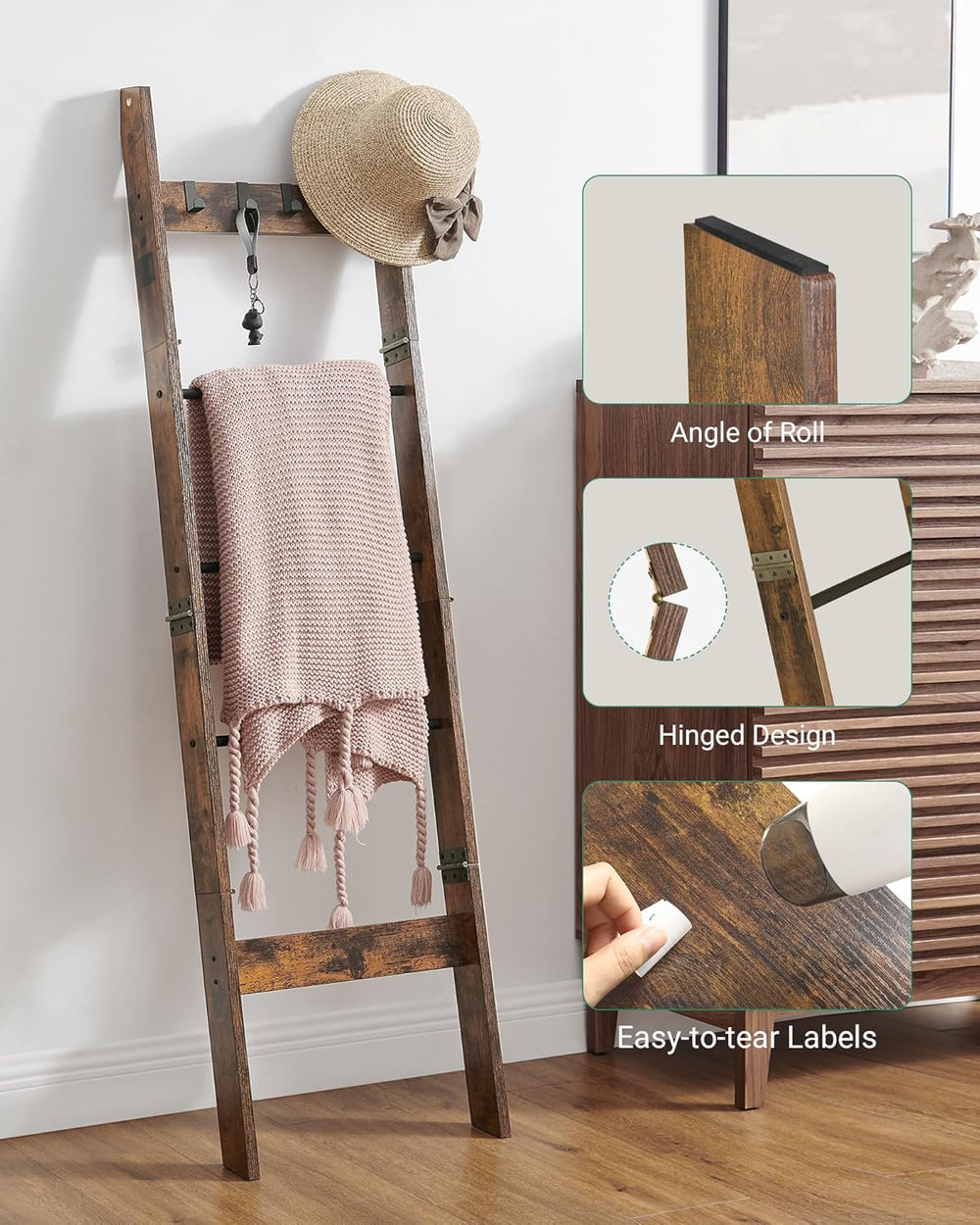 Hzuaneri Blanket Ladder for Living Room, Decorative Quilt Rack with 4 Removab...