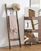 Blanket Ladder for Living Room, Decorative Quilt Rack with 4 Removable Hooks, 5-Tier Farmhouse Ladder Holder Shelf Organizer for Bedroom, Rustic Brown and Black 02101BBR