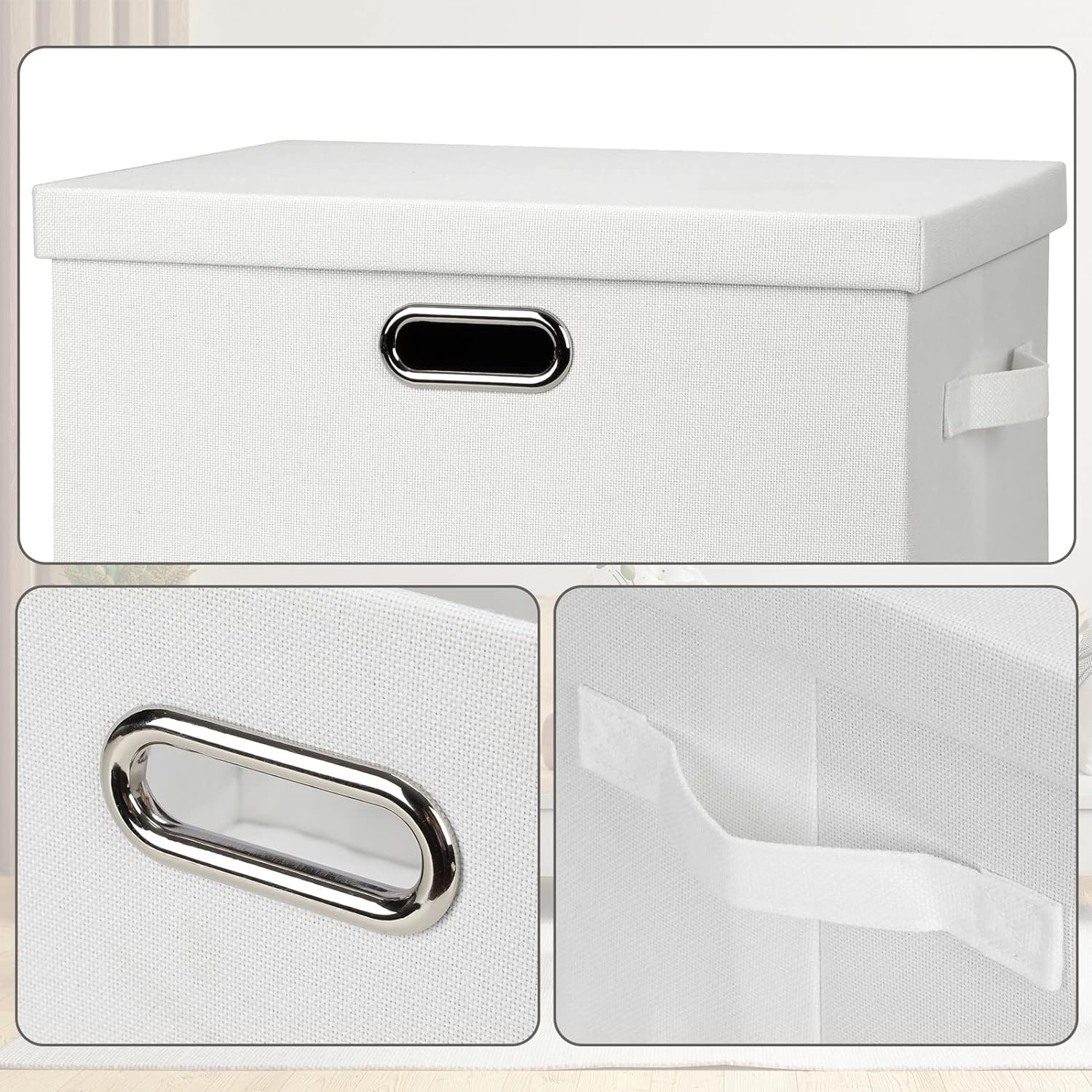 Large 17" 36 Quart Collapsible Stackable Storage Bins with Lids, 3 Packs White Linen Fabric Closet Boxes with Lids, Storage Cube Baskets Container Organizers for Bedroom Office(17 x12 x11)