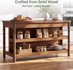 63" Solid Wood Kitchen Island Table with Storage & Seating | Three-Tier Storage, Full-Length Open Shelves, Counter Stool Compatible, Elegant Turned Legs, Farmhouse Style