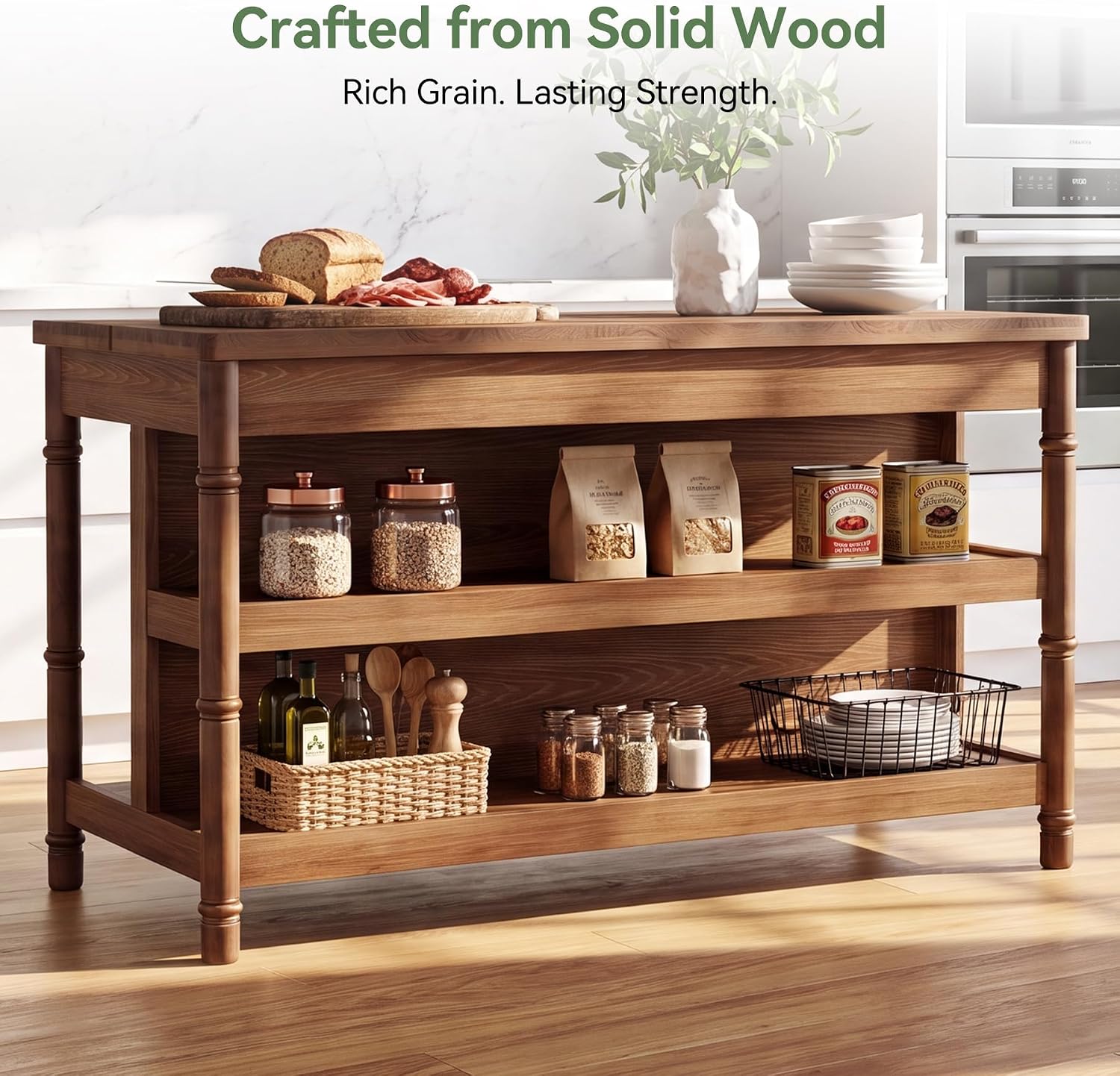 63" Solid Wood Kitchen Island Table with Storage & Seating | Three-Tier Storage, Full-Length Open Shelves, Counter Stool Compatible, Elegant Turned Legs, Farmhouse Style