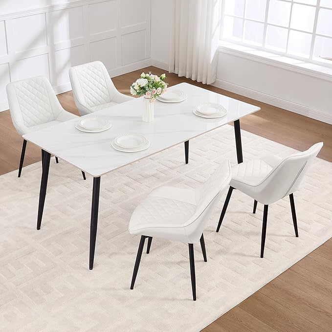 Dining Chair Set of 4, Modern Dining Chairs with Thick Cushions, Faux Leather Upholstered Kitchen Dining Room Chairs with Metal Adjustable Legs for Dining Living Room, White