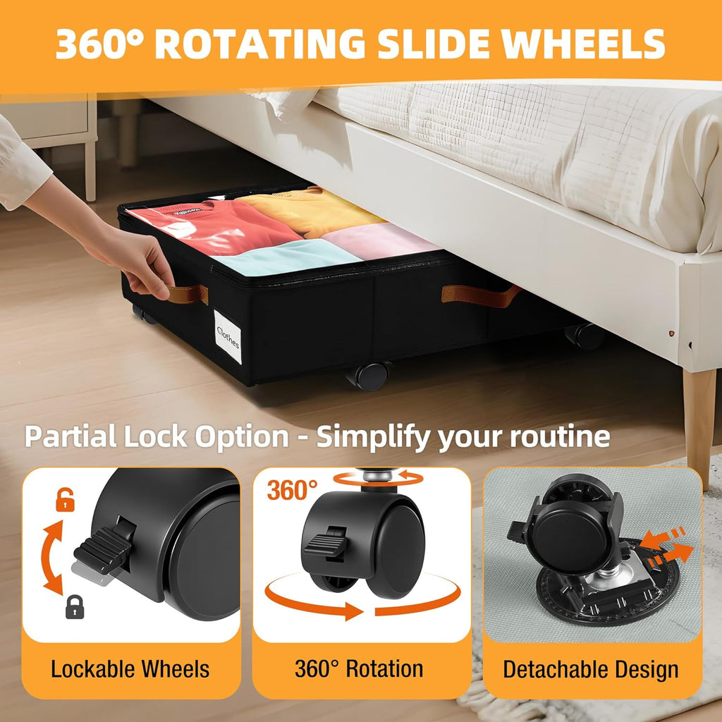 Under Bed Storage with Wheels,Underbed Storage with Sturdy Sidewalls/Bottom, Clear Cover, Label and PU Handle, Rolling Under Bed Drawers for Clothes, Shoes, 6.5 Inch Height,Black, 2 Pack