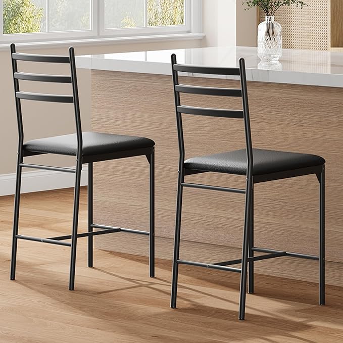 GarveeHome Bar Stools Set of 2, Counter Height Bar Chairs with Back and Thick Cushion, Upholstered Dining Chairs with Padded Seat, Barstools for Kitchen Island, Bar, Dining Room, Retro Black