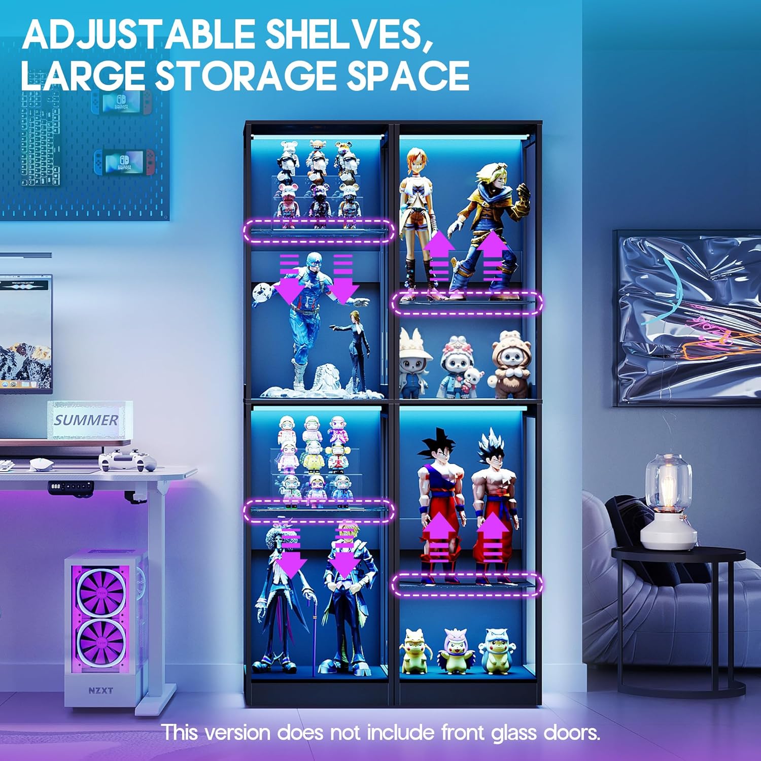AMERLIFE RGB Display Cabinet with Adjustable Shelves, 4-Tier Storage Case with LED Lights, Modern Display Shelf for Collectibles, Black 70" H×18" L×14" D