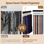 2 Pack Tie Rack and Belt Hanger 40 Hooks 360 Swivel Foldable Wooden Closet Rod Organizer Space Saving for Ties Belts Hats Bras Tank Tops Black