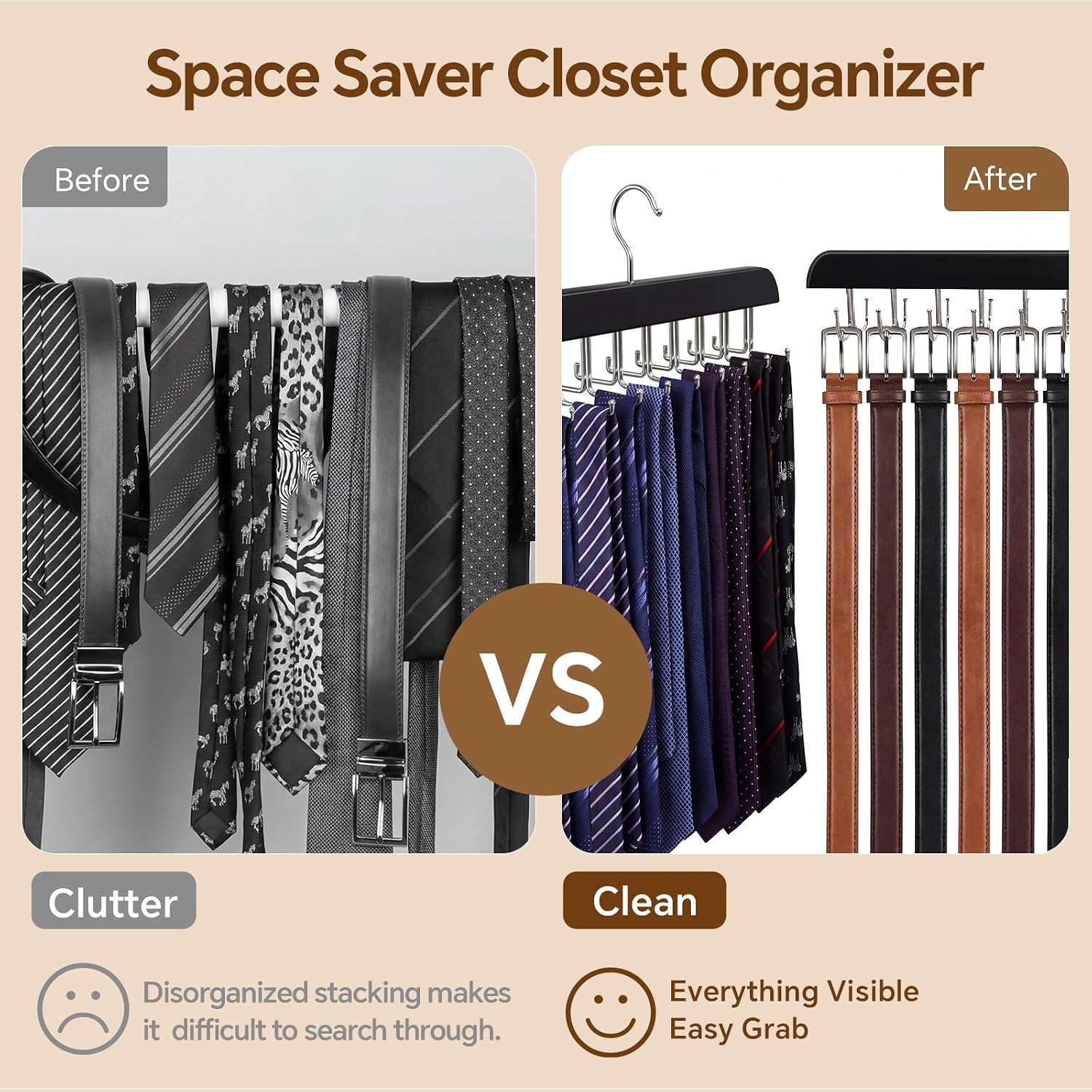 2 Pack Tie Rack and Belt Hanger 40 Hooks 360 Swivel Foldable Wooden Closet Rod Organizer Space Saving for Ties Belts Hats Bras Tank Tops Black