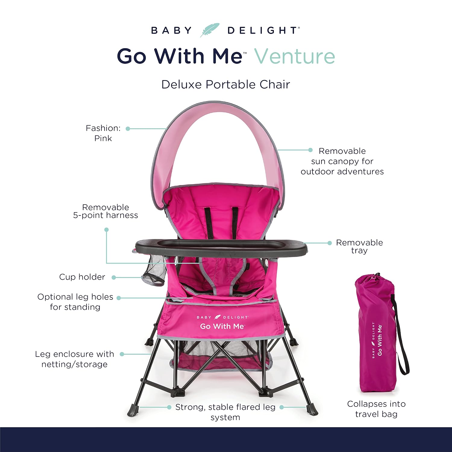 Baby Delight Go with Me Venture Portable Chair Bundle with Canopy, Snack Tray | for Indoor & Outdoor Use | Adjustable Pink & Green Styles | Fits Children up to 8 Years Old