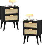 Rattan Nightstand Set of 2,Mid Century Modern Bedside Table with Storage,End Table,Side Table with 2 Hand Made Rattan Decorated Drawers for Livingroom, Bedroom, Black CTG59B-2
