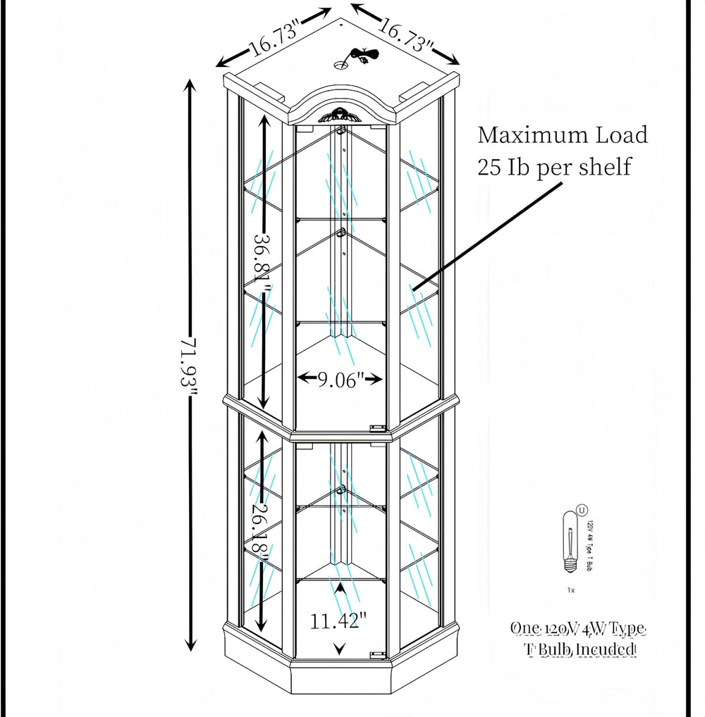 KEIKI 72" Corner Glass Display Cabinet with Adjustable Shelves, for Coll...