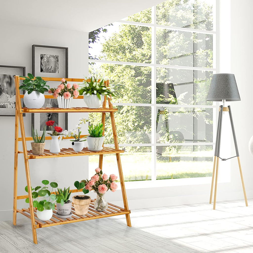 COSTWAY Bamboo Plant Stand, Foldable Multifunctional Flower Display Ladder Shelf, 3-Tier Storage Rack
