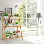 COSTWAY Bamboo Plant Stand, Foldable Multifunctional Flower Display Ladder Shelf, 3-Tier Storage Rack