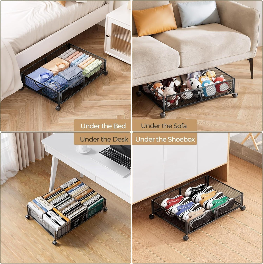 Yecaye Under Bed Storage with Wheels, 2 Pack Under Bed Shoe Storage Organizer Drawer, Tool-free Assembly Metal Underbed Storage Containers for Clothes, Shoes, Toys, Black