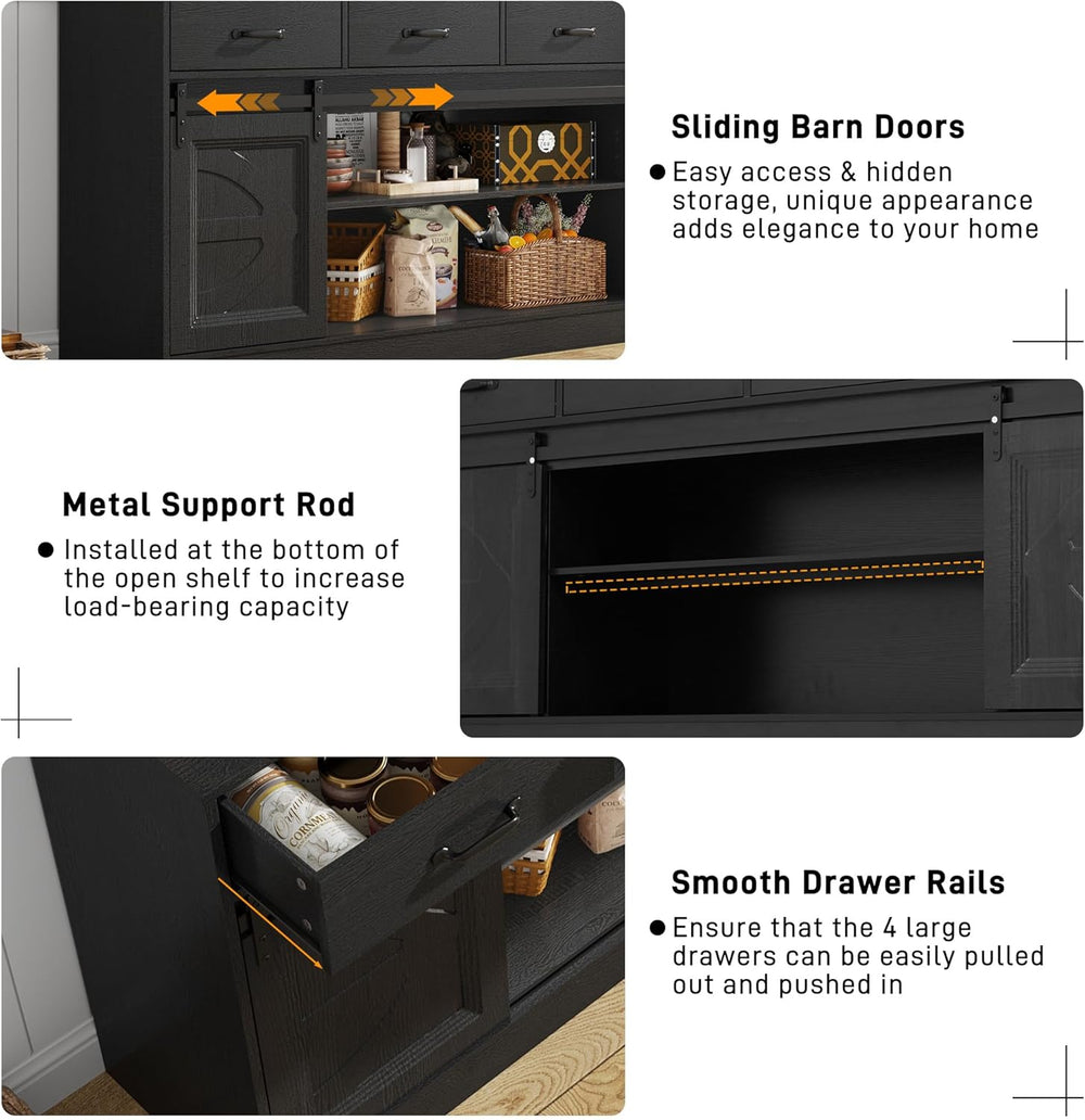 70” Large Buffet Sideboard Cabinet w/4 Drawer,Farmhouse Coffee Bar Cabinet Bu...