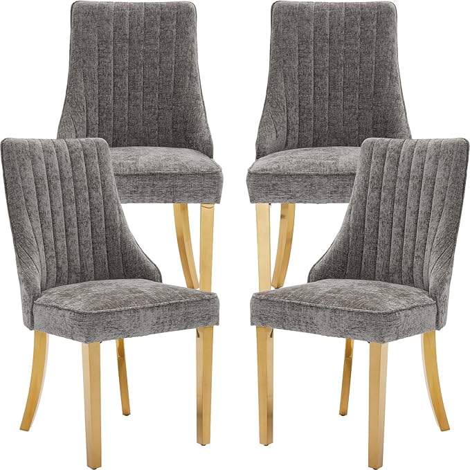 Grey Mid Century Dining Chairs Set of 4, Modern Kitchen & Dining Room Chairs Set of 4, Chenille Fabric Upholstered Kitchen Chairs for Dining Table, Sillas de Comedor, Gold Legs (Gray, 4 Pcs)