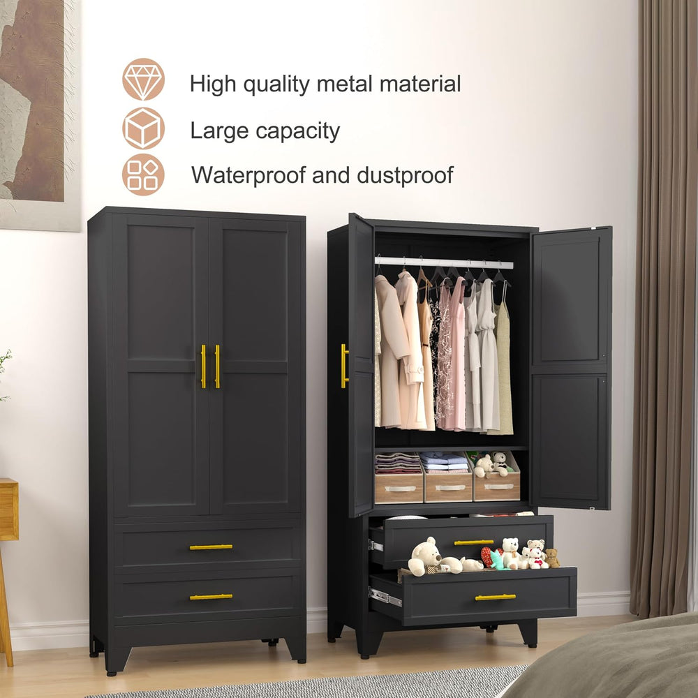 PAOFIN Black 71" Metal Armoire Wardrobe Closet, Bedroom Clothing Storage...