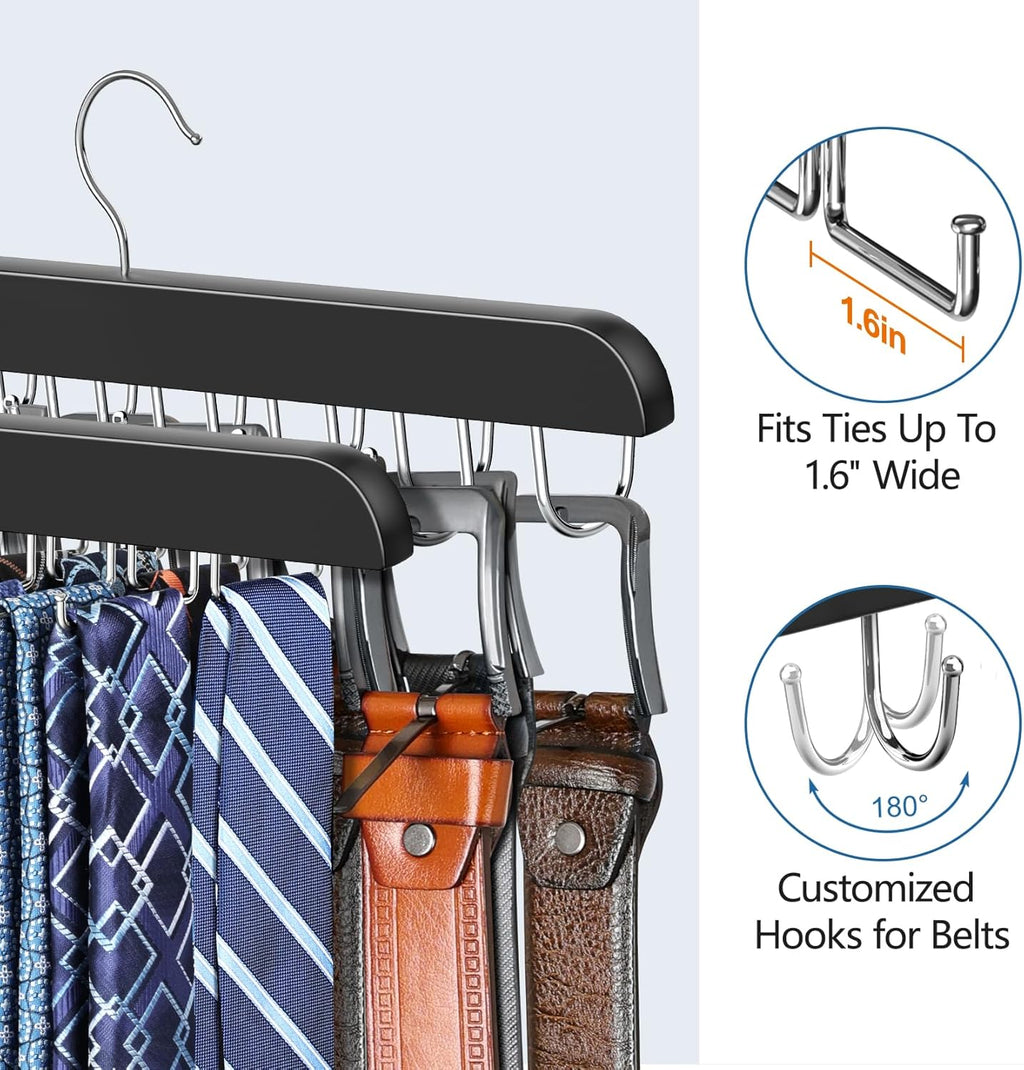 2 Pack Tie Rack & Belt Hanger 2 in 1 Tie Hanger Space Saving Max 42 Belts& 60 Ties Capacity for Closet Organizers and Storage, Sturdy Wood Belt & Tie Collection Organizer