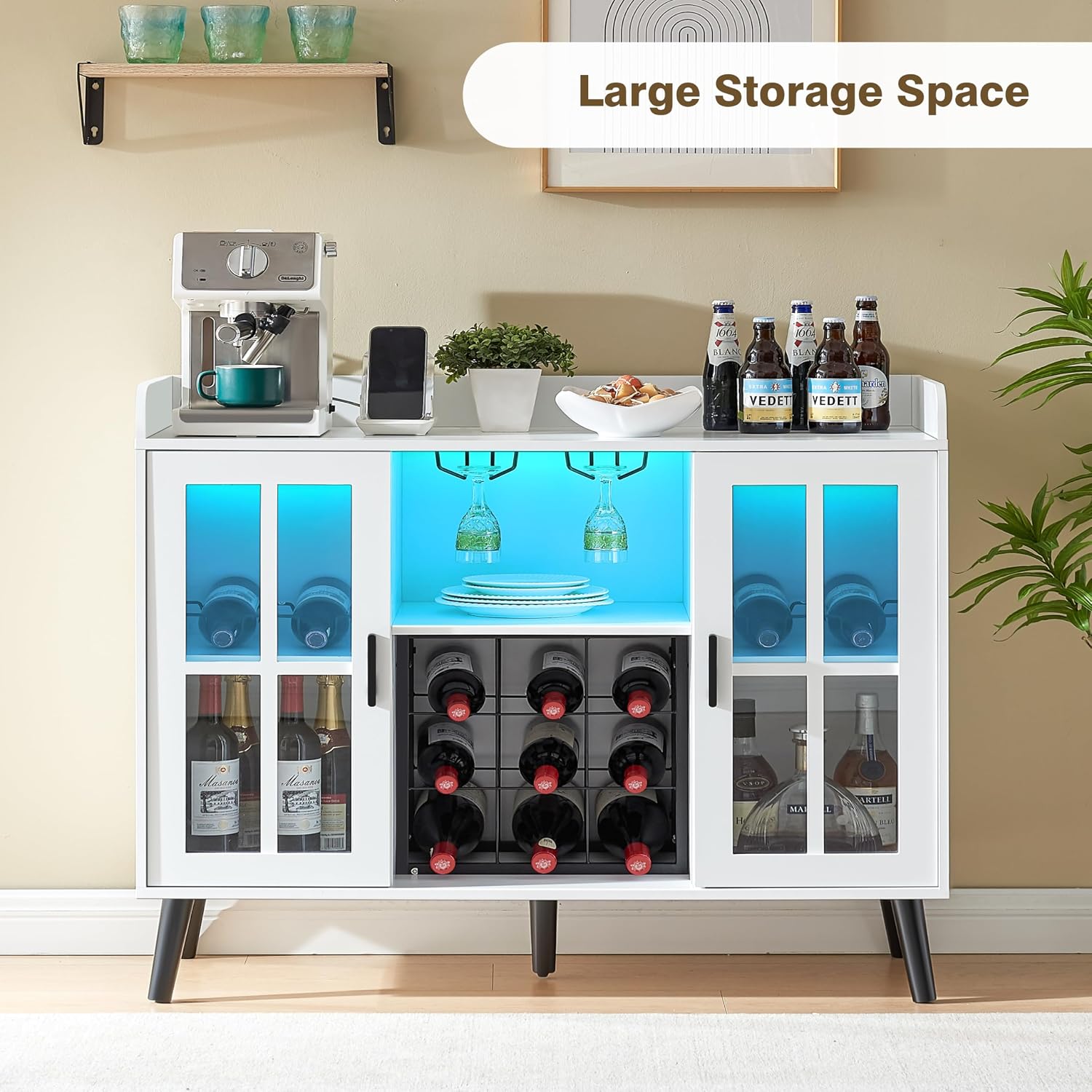 Alaxgumrol Wine Bar Cabinet with LED Light, Coffee Bar Cabinet with Storage and Outlet, Kitchen Buffet Sideboard with Wine Rack and Glass Holder, Modern Liquor Cabinets for Home Dining Room, White