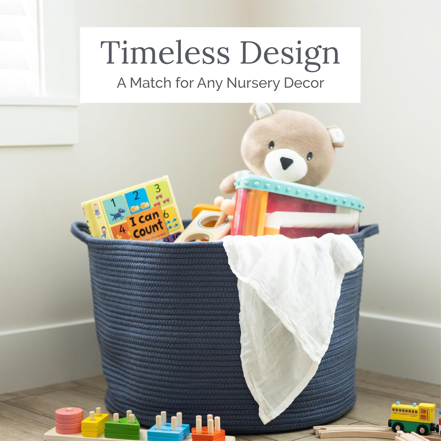 Natemia Large Woven Storage Basket (15" x 15" x 14") - Baby & Toy Organizer, Blanket Basket, Perfect Baby Registry Gift