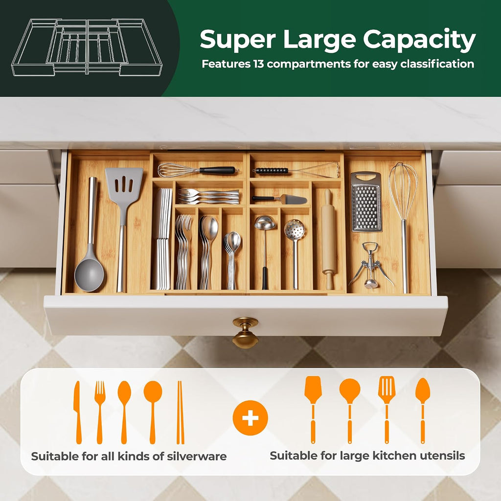 Large Silverware Organizer, 13 Slots Magnetic Connected Expandable Bamboo Utensil Drawer Organizer From 21 to 37.4 Inches, Adjustable Flatware and Cutlery Holder, Utensil Tray for Kitchen Natural
