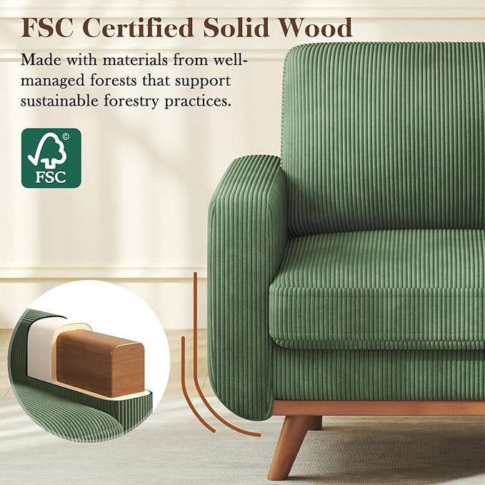 Vesgantti 38.5" Accent Chair Green, Comfy Corduroy Single Sofa Seat with Spring Cushion, Upholstered Armchair with Deep Seat, Reading Chair for Adults, Modern Sofa for Living Room, Bedroom