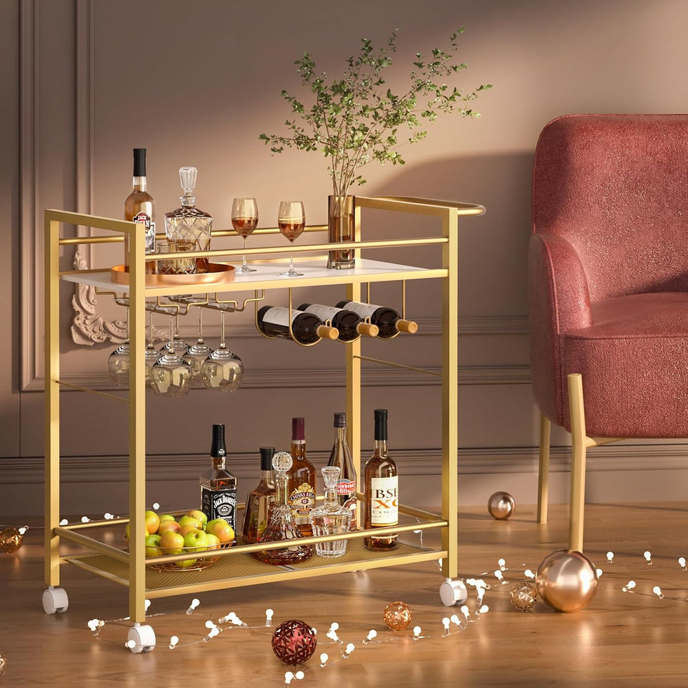 Joaxswe Bar Cart w/Wheels,2 Tier Home Bar Serving Cart,Flowing Gold