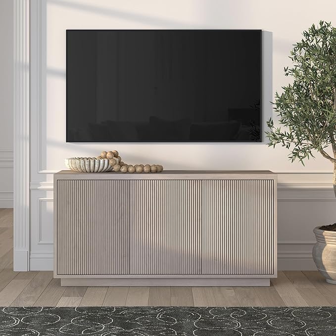 Henn&Hart Fluted TV Stand for TVs up to 55" with 3 Swing Out Ribbed Doors and Adjustable Shelves for Living Room, Family Room, or Office, Beech White