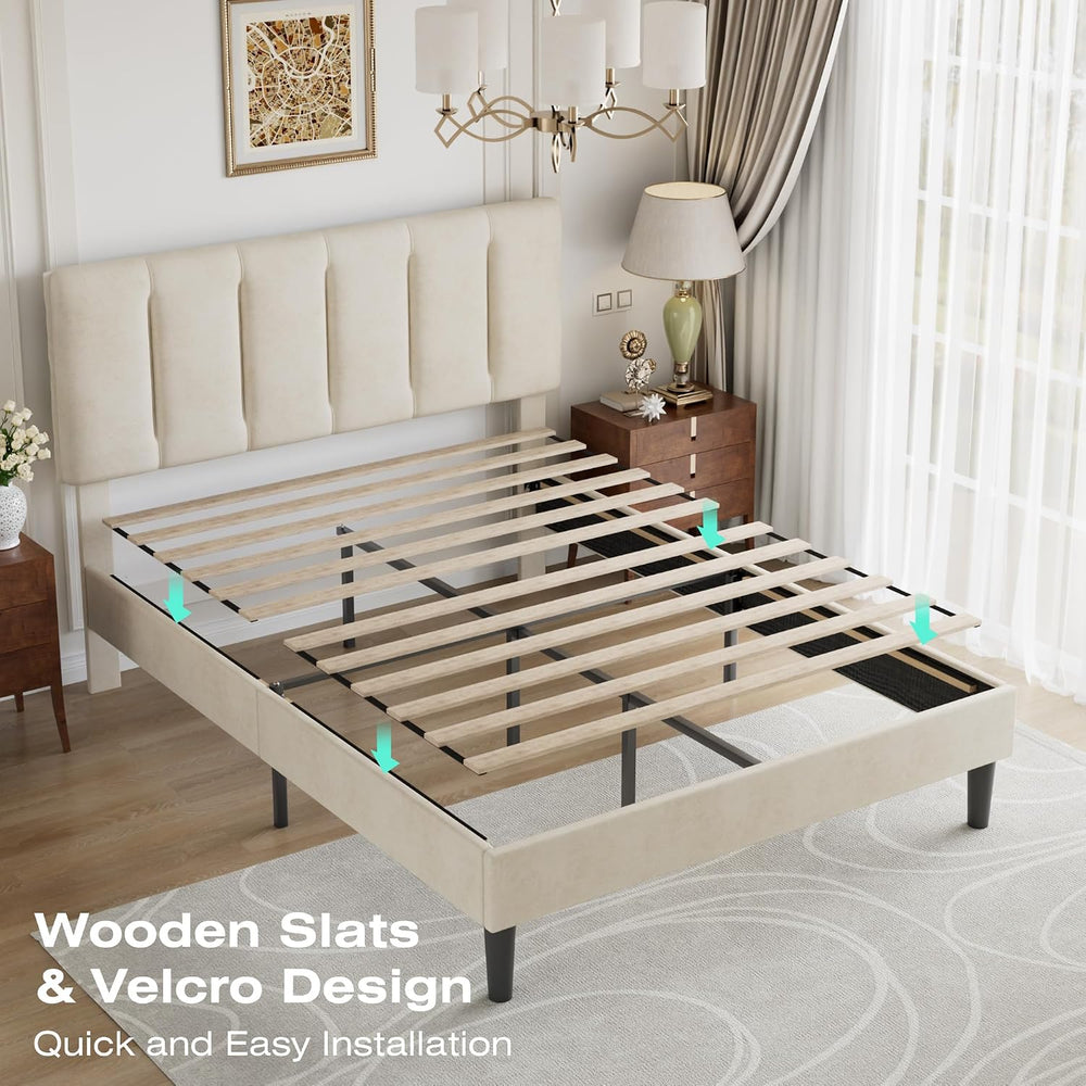VECELO Full Size Bed Frame with Upholstered Headboard, Pale Beige
