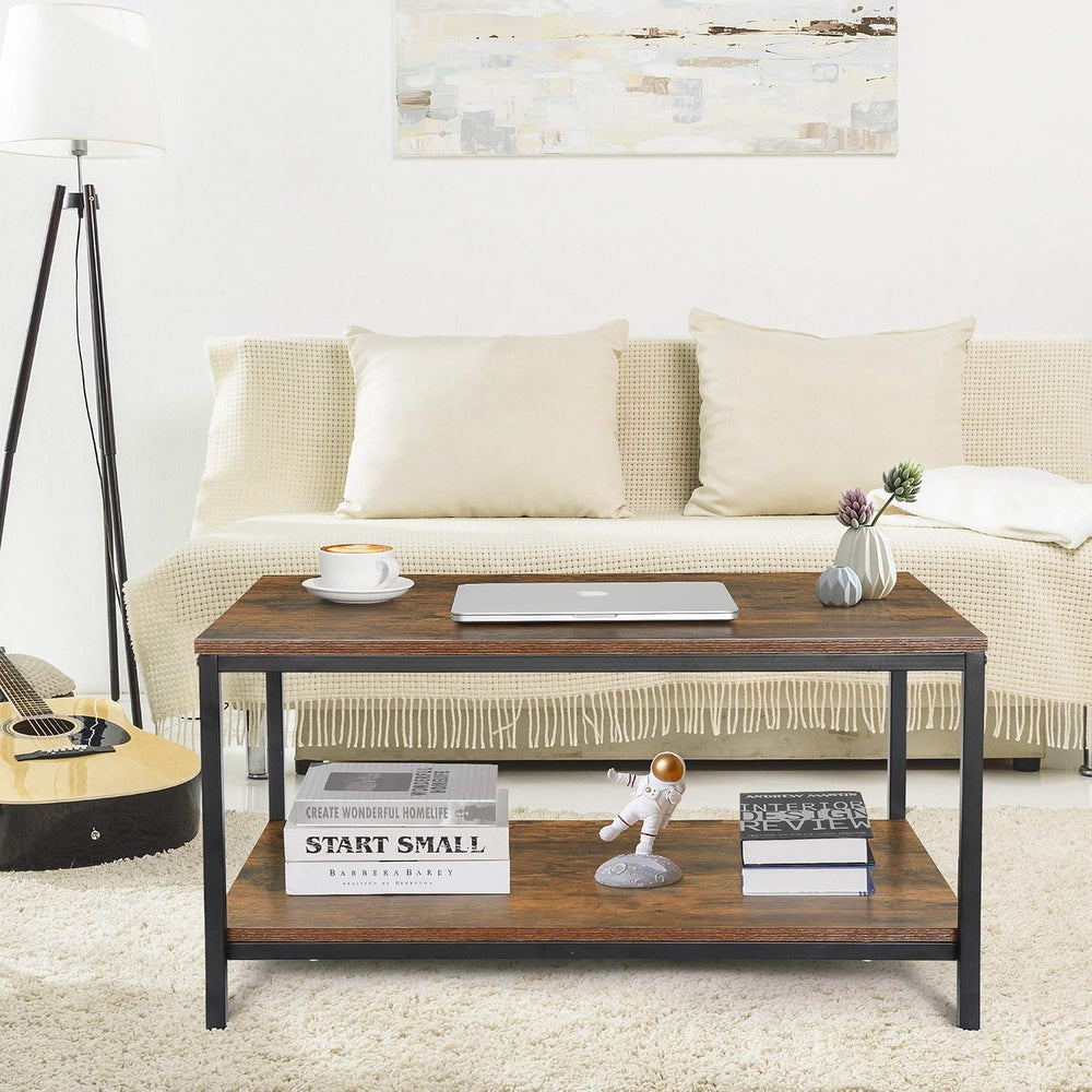 SUPER DEAL 2-Tier Industrial Coffee Table with Storage Shelf for Small Apartm...