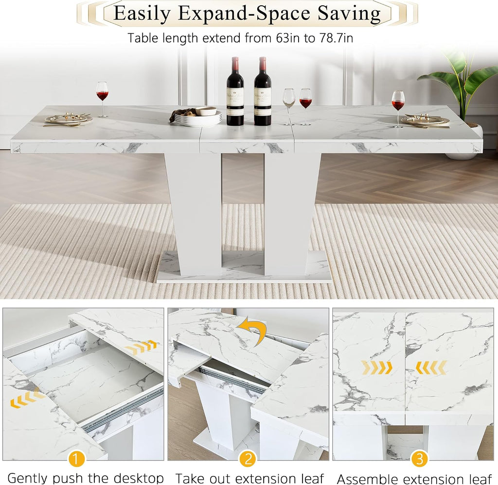 7-Piece Extendable Dining Table Set for 6-8 People 63"-78.7" Kitchen Table Set with 6 Grey Upholstered Chairs Modern White Faux Marble Rectangular Dining Room Table Set for Kitchen Apartment
