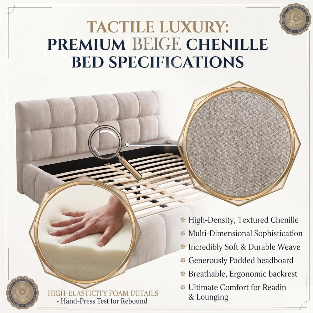 Chenille Fabric Upholstered Platform Bed Frame with Soft Headboard, Modern Lo...