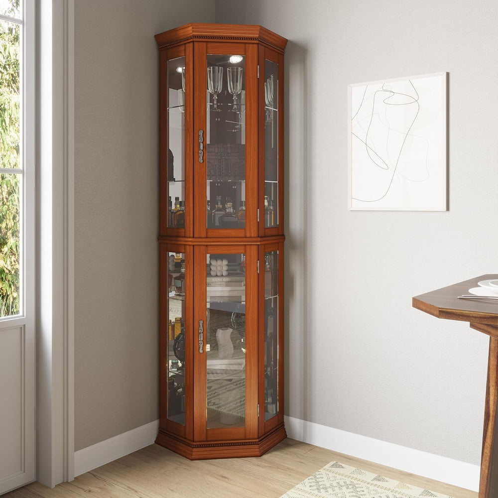 BELLEZE Lighted 3-Side Glass Display Curio Cabinet w/Tempered Glass Doors and...