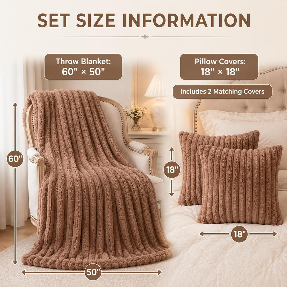 Blanket & Throw Pillow Covers Set - Dual-Sided Faux Fur Fluffy Blanket (5...