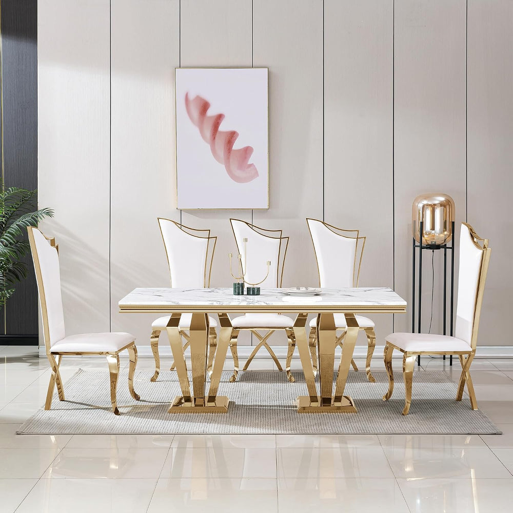 7 Piece Marble Dining Table Set for 6, Luxury Gold Kitchen Table and Chairs S...