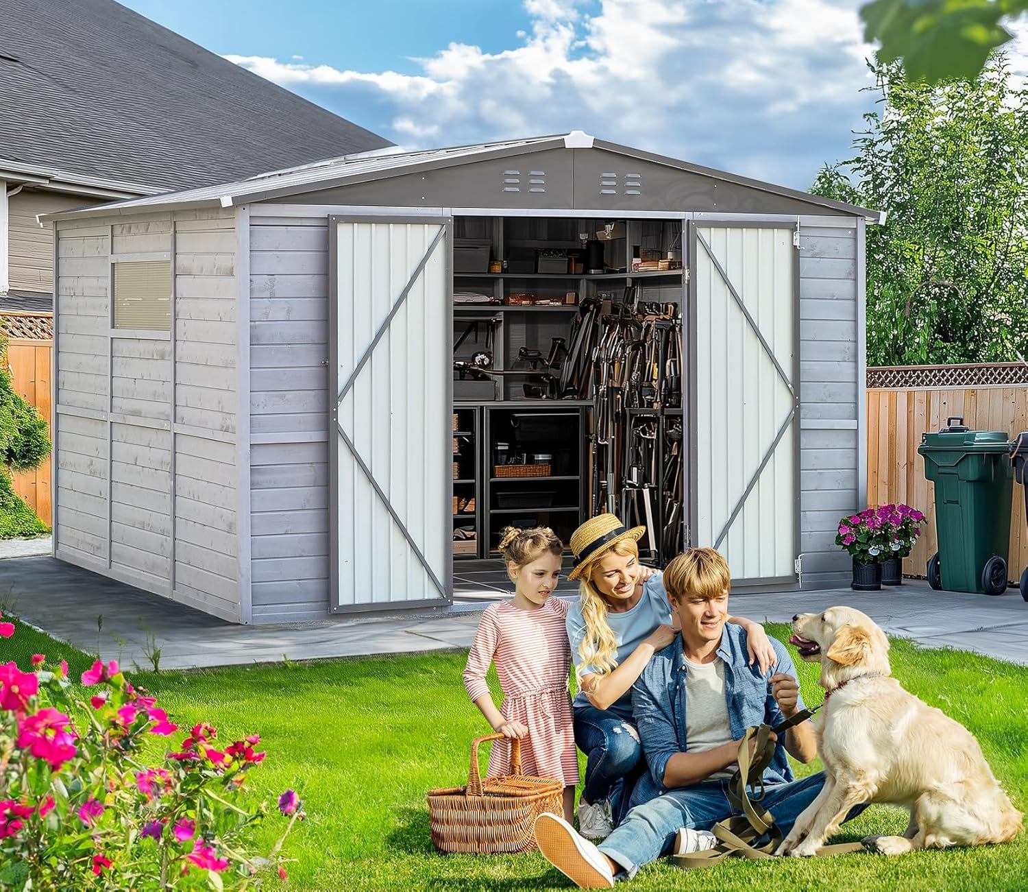 Shed 8' x 8' Storage Shed, 8 x 8 FT Wood Sheds & Outdoor Storage Clearance, Utility and Tool Garden Shed, Waterproof Storage Shed Large with Lockable Doors for Backyard, Patio, Outside Use (Gray)