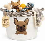 French Bulldog Dog Toy Basket, Pug and Boston Terrier, Cotton Rope Bin | Pet Toy Storage, Blanket and Leash Organizer, Soft Felt Puppy Patch, Dog Mom Gift, Living Room and Crate Side Bin, Spot Clean