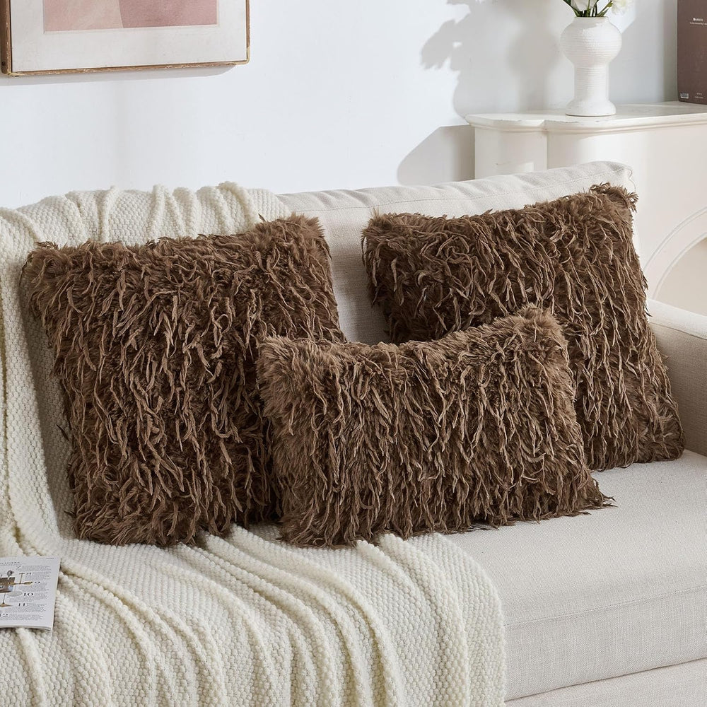 FUTEI Pack of 2 Fluffy Faux Fur Throw Pillow Covers 18x18 Inch, Brown