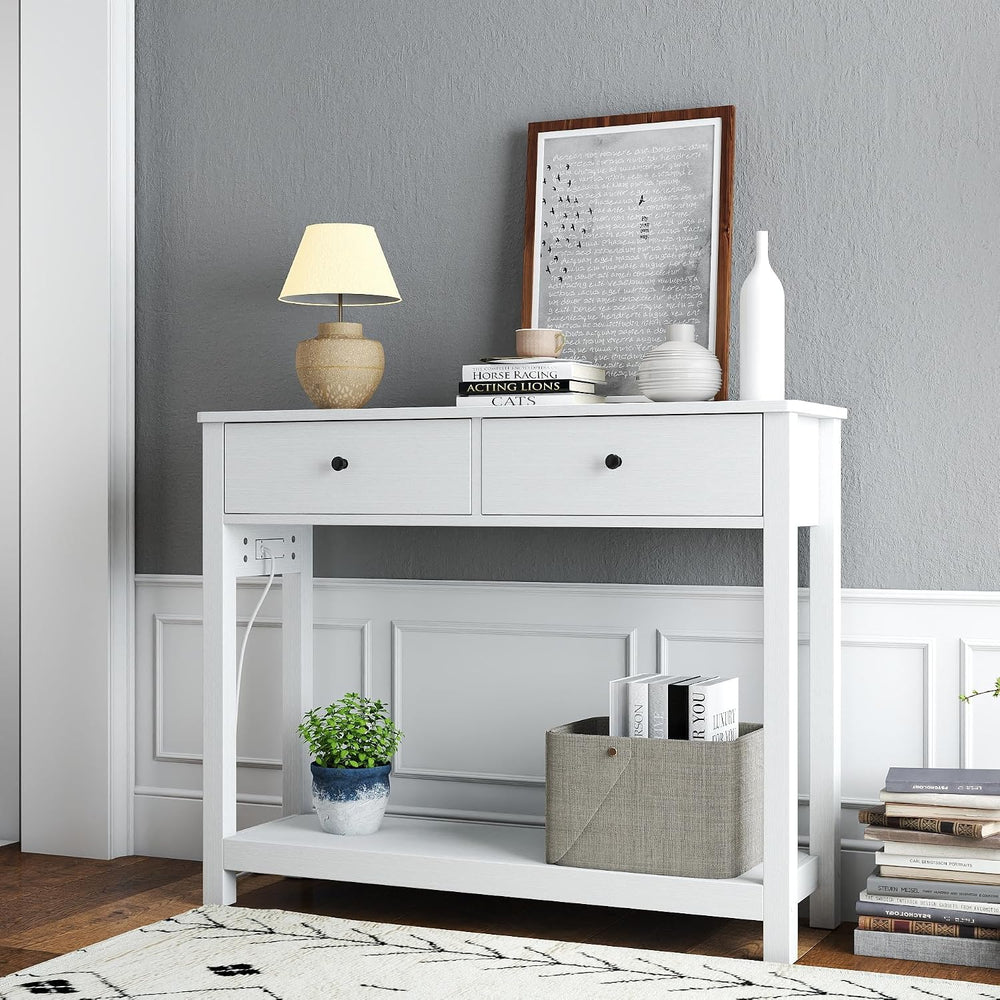 Gizoon Console Table with Outlets, White | Modern Sofa Table with 2 Drawers, ...