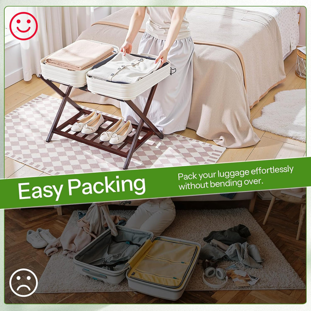 HOOBRO Luggage Racks, Set of 2 Bamboo Suitcase Stands, Folding Luggage Holders, Nylon Strap Support Top, for Guest Room, Hotel, Bedroom, Closet, Dark Brown BR18XLP201