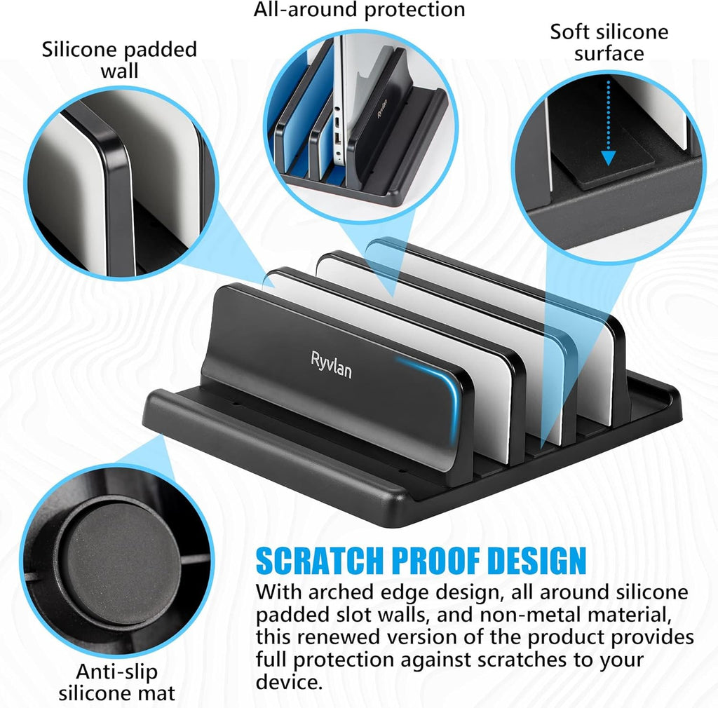 Ryvlan Vertical Laptop Stand, 3 Slot Adjustable Laptop Storage Rack and Desk Organizer, Silicone-Padded Holder for Multiple Devices Storage, Compatible Stand for Tablets and Devices up to 17 Inches
