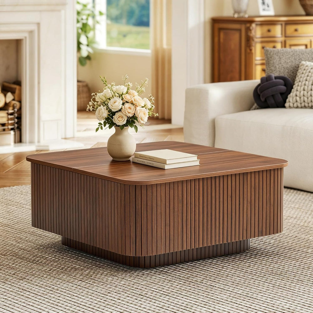 31.5" Square Coffee Table with Storage, Fluted & Floating Base (Walnut)