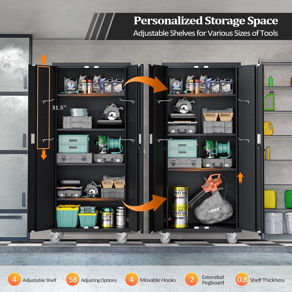 VINGLI 72'' Tall Garage Storage Cabinet, Metal Storage Cabinet with Pegboards, Wheels, Locking Doors and Adjustable Shelves (Black, 32''W x 16''D x 72''H)
