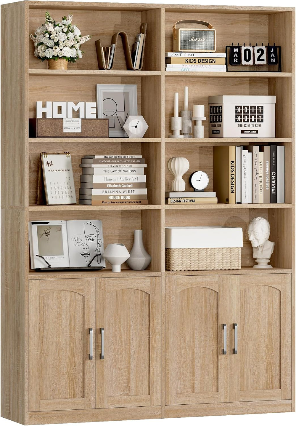 FACBOTALL Bookshelf and Bookcase with Doors, Double Wide Large Bookshelves