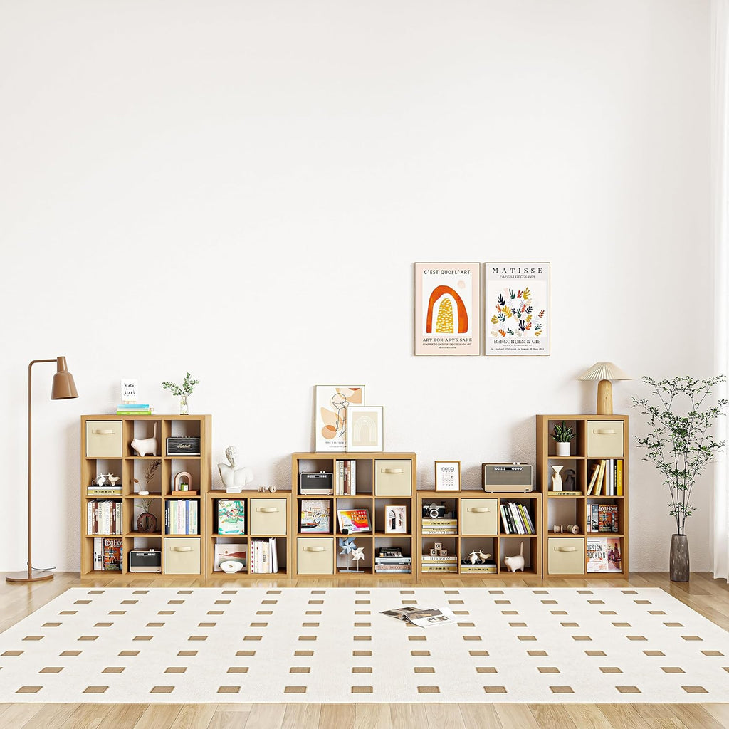 furtble Bookshelf with Storage Bins, 8-Cube Storage Organizer, Modern Wood Open Bookcase, Multifunctional Display Shelf for Living Room, Bedroom, Home Office, Oak